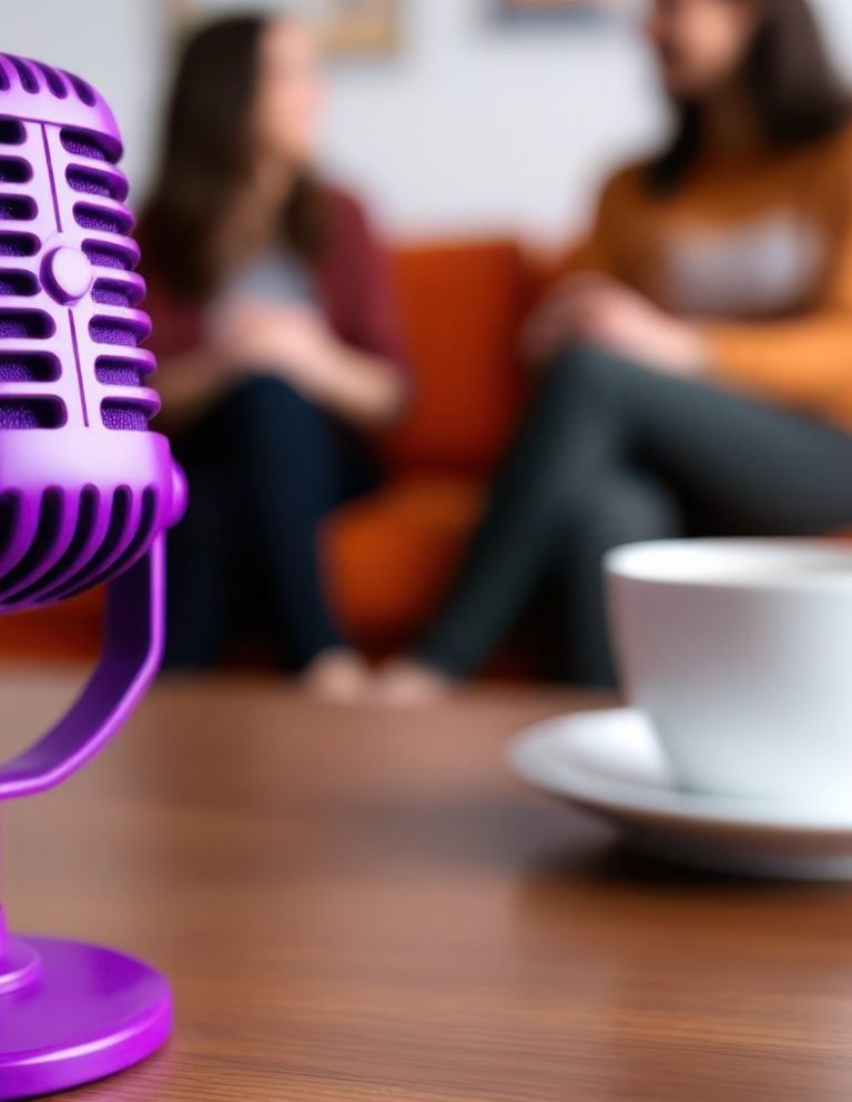 Einladende Gesprächssituation Im Hintergrund 2 Menschen auf dem Sofa, in einer Gesprächssituation. Im Vordergrund eine Tasse Kaffee auf dem Tisch und ein Mikrofon.